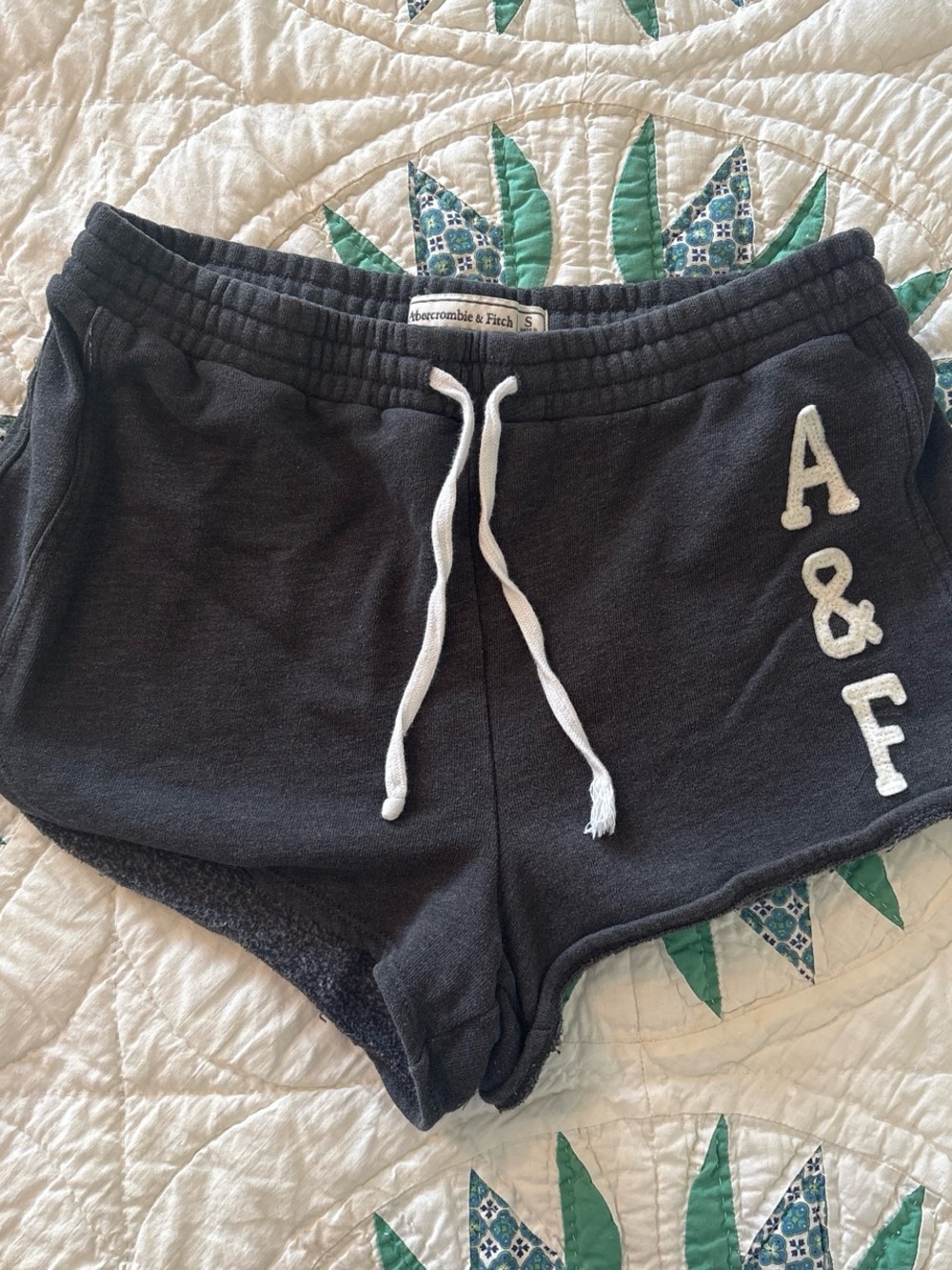 Abercrombie & Fitch Black Terry Logo Shorts with White Drawstring